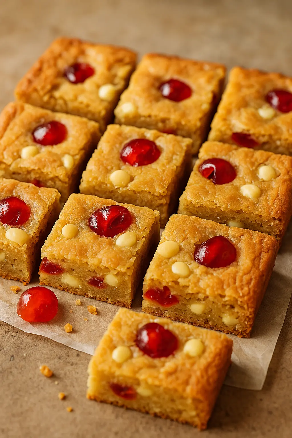 Glace Cherry & White Chocolate Blondies