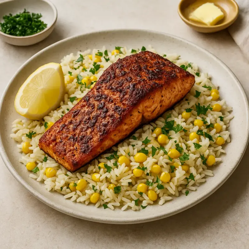 Baked Cajun Salmon with Rice & Corn