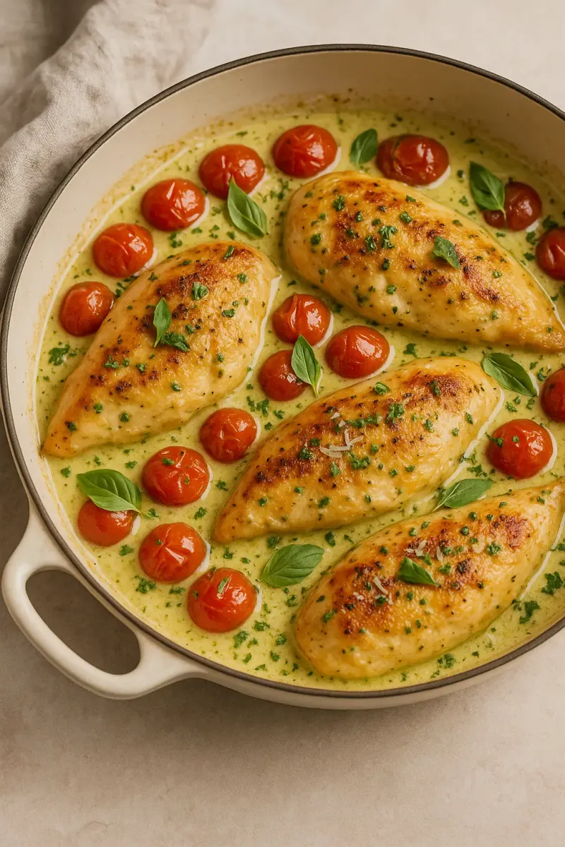 Creamy Pesto Chicken with Cherry Tomatoes
