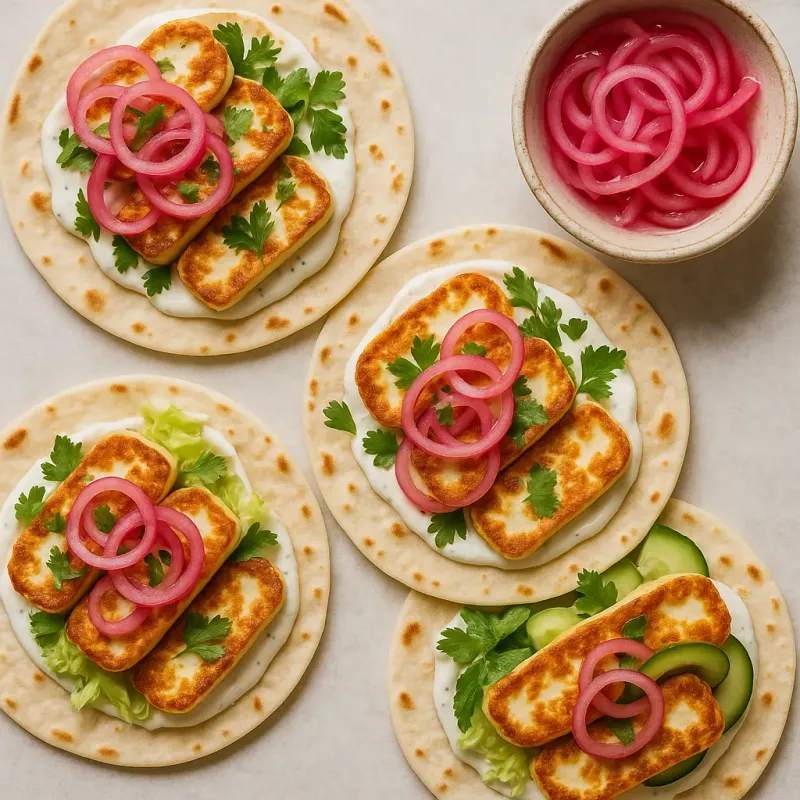 Crispy Halloumi Wraps with Lemon Yogurt & Pickled Onion