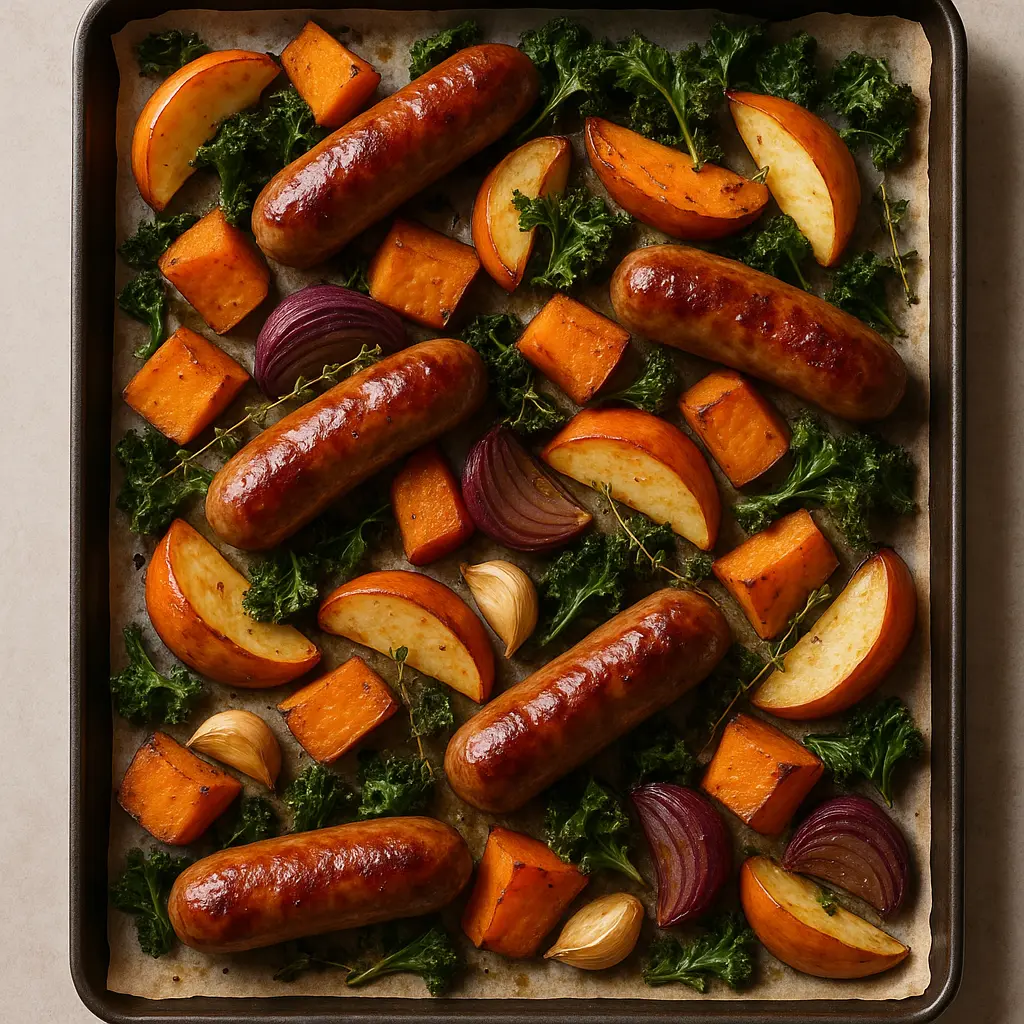 Sausage & Sweet Potato Traybake with Apples, Garlic and Greens